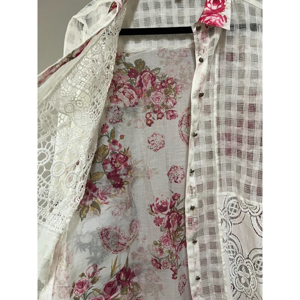 White Sheer Lace Floral Crane embroidery button down shirt Art Boho Romantic L - Picture 11 of 16